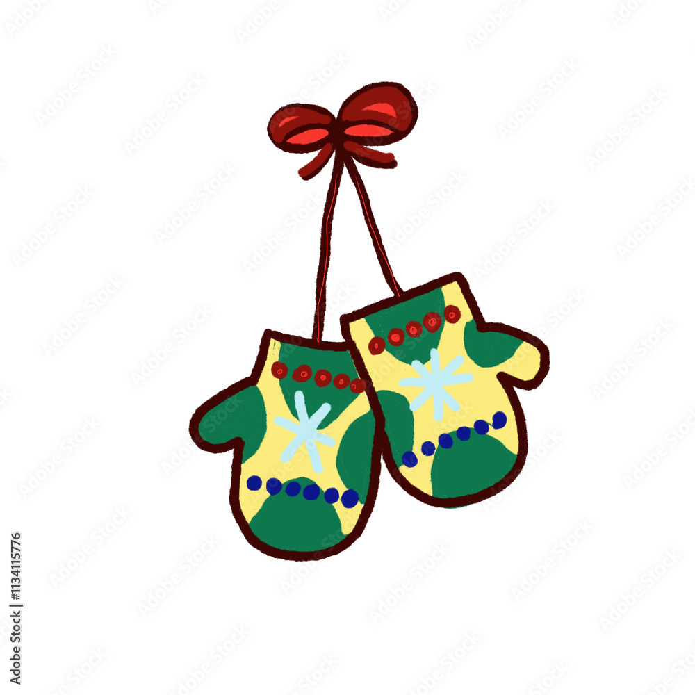 Naklejka premium a red bow hanging on a Christmas mitten with green and yellow stripes