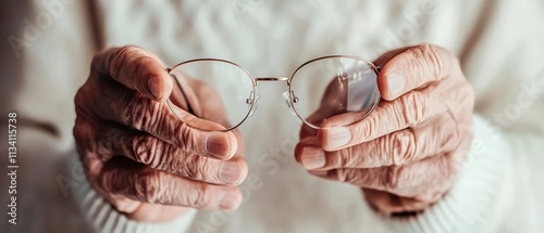 A close-up of aged hands holding a pair of eyeglasses, symbolizing wisdom and vision.