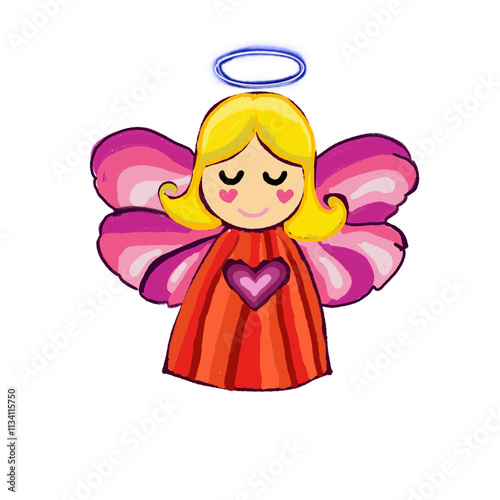 A little fairy with purple wings and a red dress on Christmas day