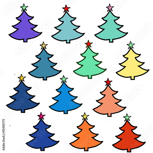 Rainbow-colored Christmas trees  a with a bright star on top  transparent background