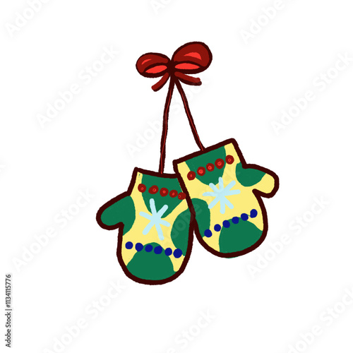 a red bow hanging on a Christmas mitten with green and yellow stripes