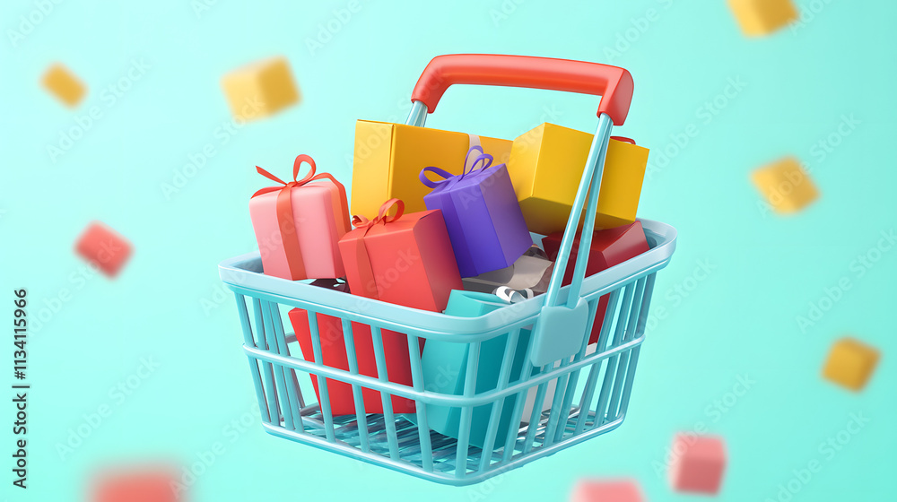 3d cartoon design illustration of Parcel boxes and gift boxes in shopping basket, Shopping online concept. 3d cartoon design illustration of Parcel boxes and gift boxes in shopping basket, Shopping online concept.