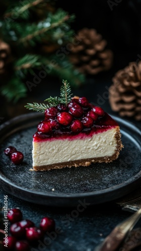 A slice of cheesecake topped with cranberries and greenery on a rustic plate.