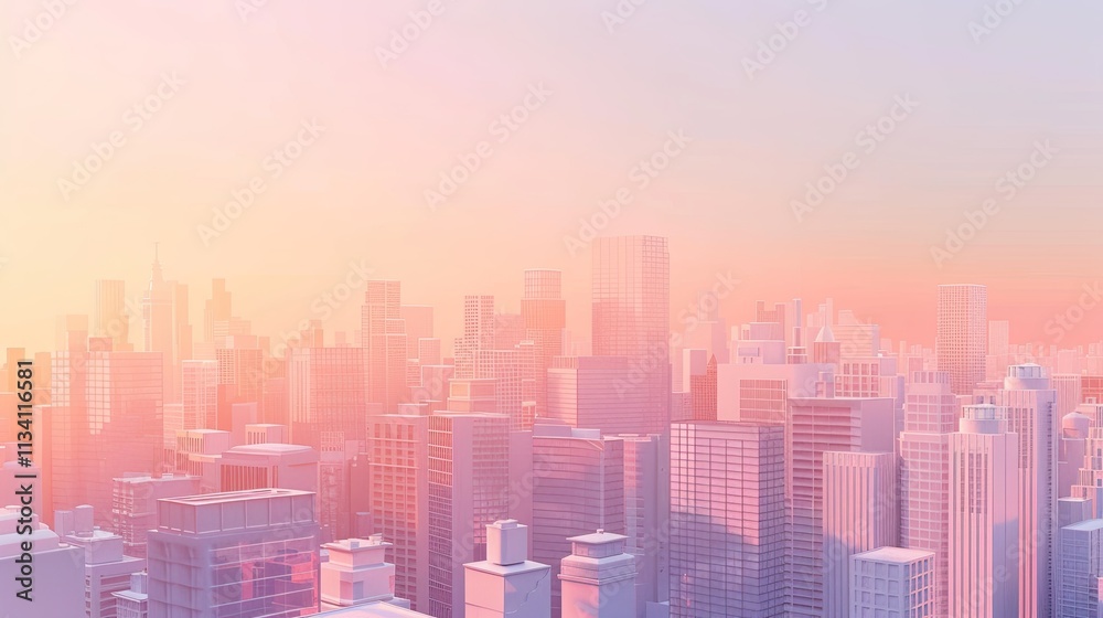 Morning view of a serene cityscape with soft sunlight casting warm hues over modern buildings. Morning view of a serene cityscape with soft sunlight casting warm hues over modern buildings.