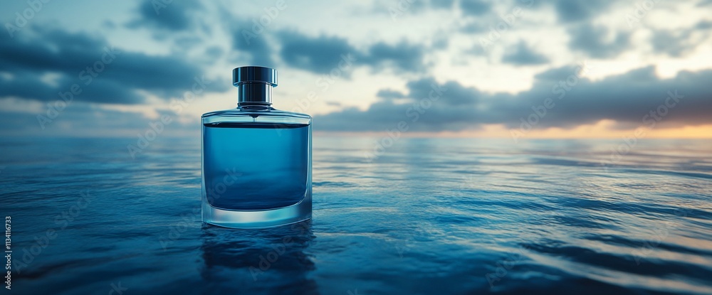 A perfume bottle sits on calm water, reflecting a serene sunset sky. A perfume bottle sits on calm water, reflecting a serene sunset sky.