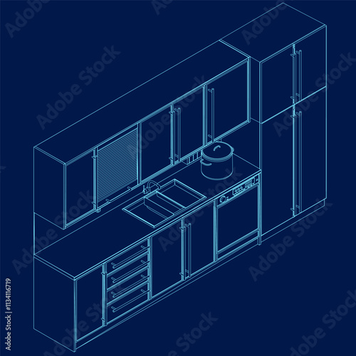 Modern kitchen interior with furniture in linear style. Architectural sketch dining room with utensil tool equipment and household appliances. Blue contour lines. Isometric view. Vector illustration