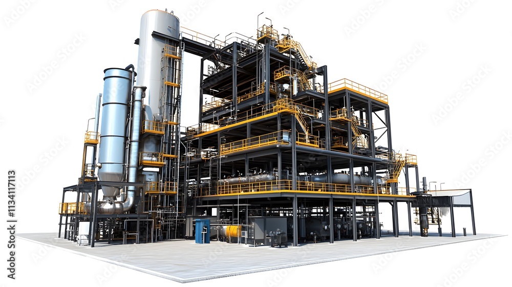 A fuel processing plant featuring towering distillation columns and heavy machinery, with intricate piping systems and industrial structures dominating the scene A fuel processing plant featuring towering distillation columns and heavy machinery, with intricate piping systems and industrial structures dominating the scene