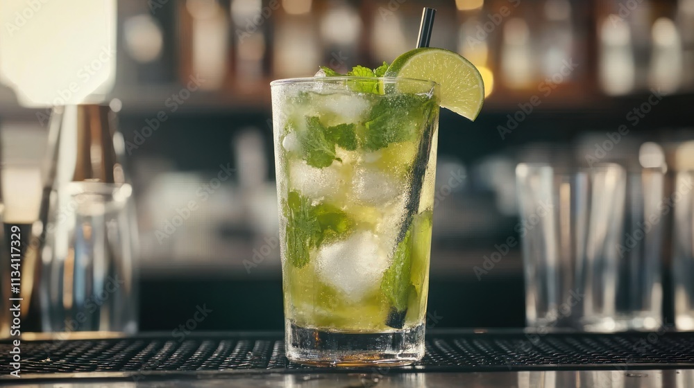 A refreshing cocktail with mint, lime, and ice in a glass. A refreshing cocktail with mint, lime, and ice in a glass.