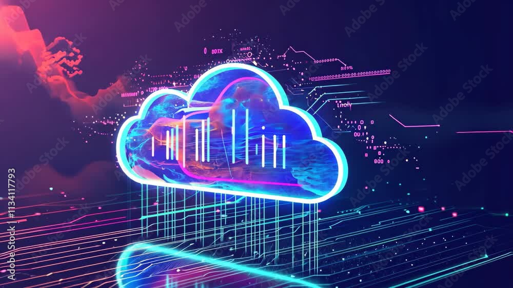 A cloud levitates in the air, encircled by intersecting lines against a blue sky backdrop, A vibrant interpretation of data backup on cloud storage