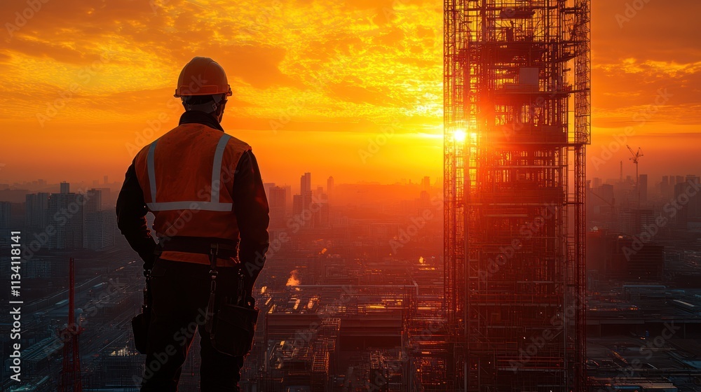 Fototapeta premium Construction Worker at Sunset Overlooking Cityscape