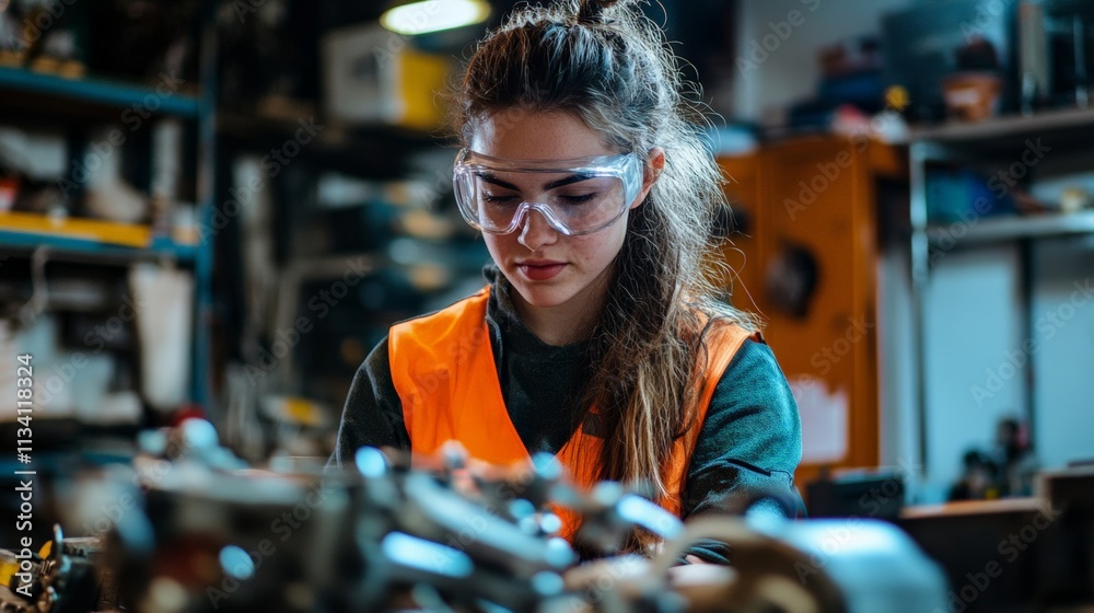 Focused Young Woman in Safety Gear Working on Project in Workshop Focused Young Woman in Safety Gear Working on Project in Workshop