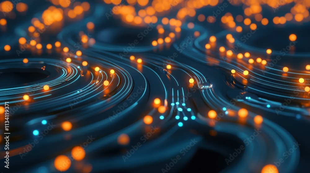 Fototapeta premium Abstract Digital Background with Flowing Lines and Glowing Orbs in Blue and Orange Colors, Perfect for Technology, Science, and Modern Design Projects