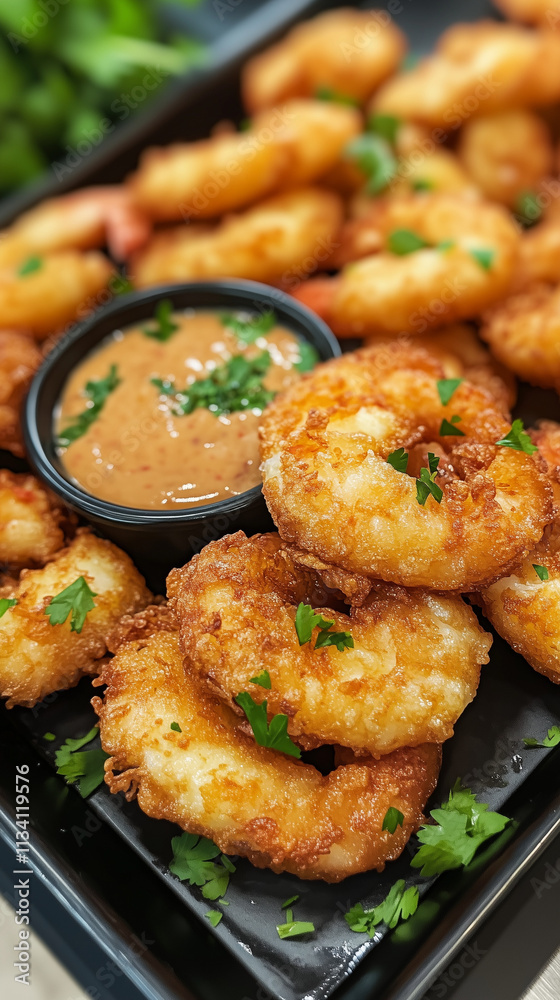 Tray of golden fried tempura prawns with dipping sauce and garnishes Tray of golden fried tempura prawns with dipping sauce and garnishes