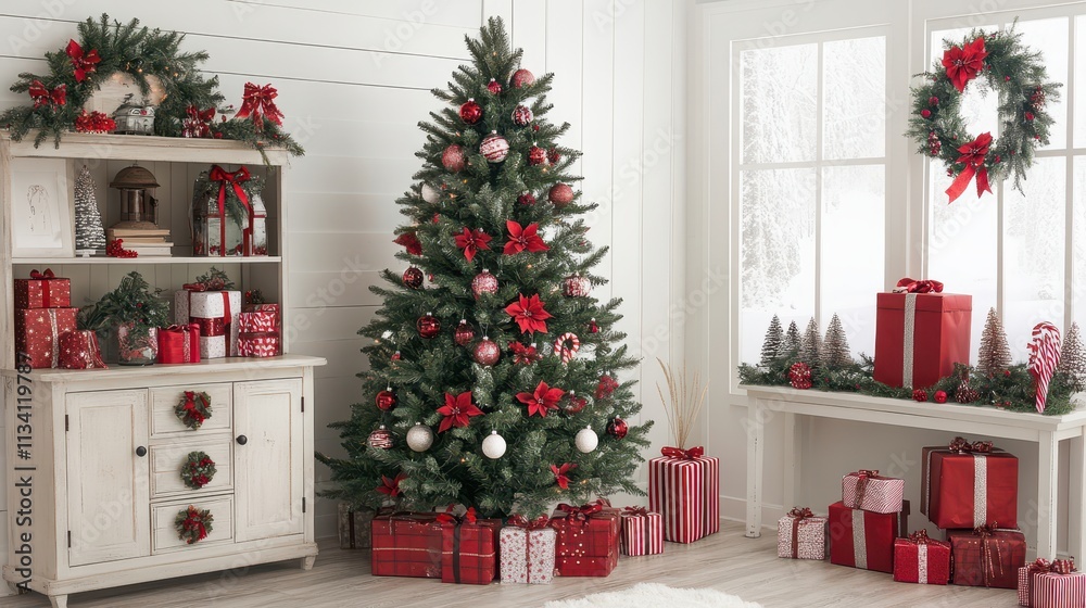 Christmas Decor: Red and White Themed Festive Room with Decorated Tree and Presents Christmas Decor: Red and White Themed Festive Room with Decorated Tree and Presents