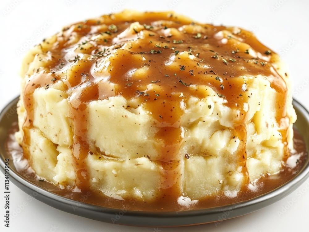 A serving of creamy mashed potatoes topped with savory gravy and black pepper. A serving of creamy mashed potatoes topped with savory gravy and black pepper.