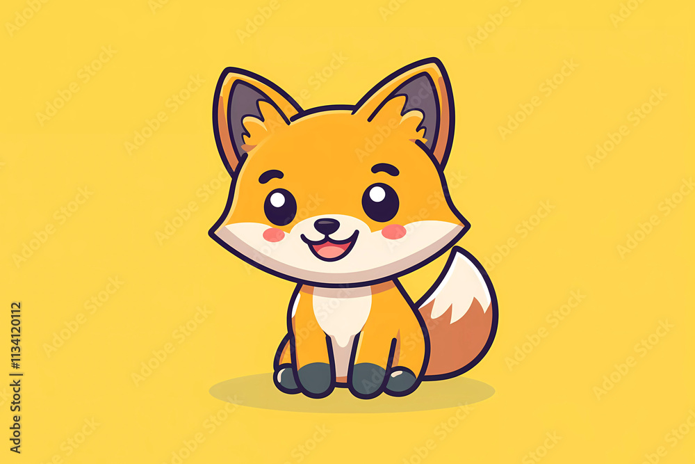 Adorable Cartoon Fox Character Sitting on a Bright Yellow Background Smiling Cheerfully Adorable Cartoon Fox Character Sitting on a Bright Yellow Background Smiling Cheerfully