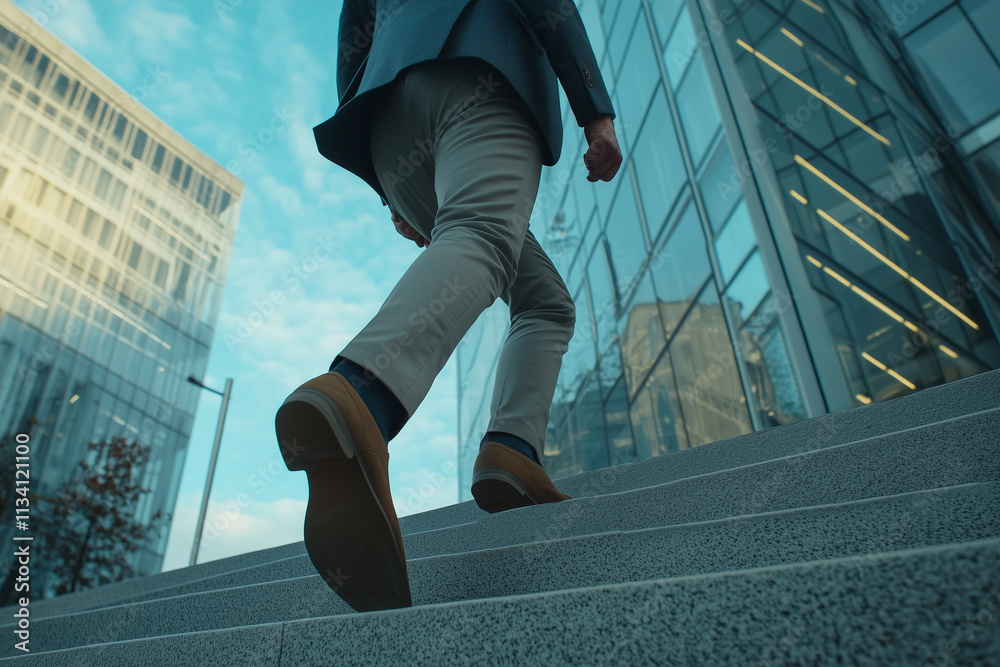 man wearing a suit and brown pants is walking up a set of stairs. Concept of professionalism and formality, as the man is dressed in a suit and he is heading to a business meeting or event man wearing a suit and brown pants is walking up a set of stairs. Concept of professionalism and formality, as the man is dressed in a suit and he is heading to a business meeting or event