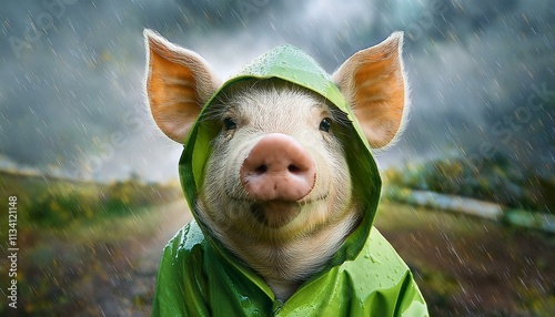 Autumn rainy raining rain weather background texture - Closeup of cute sweet pig with raincoat
