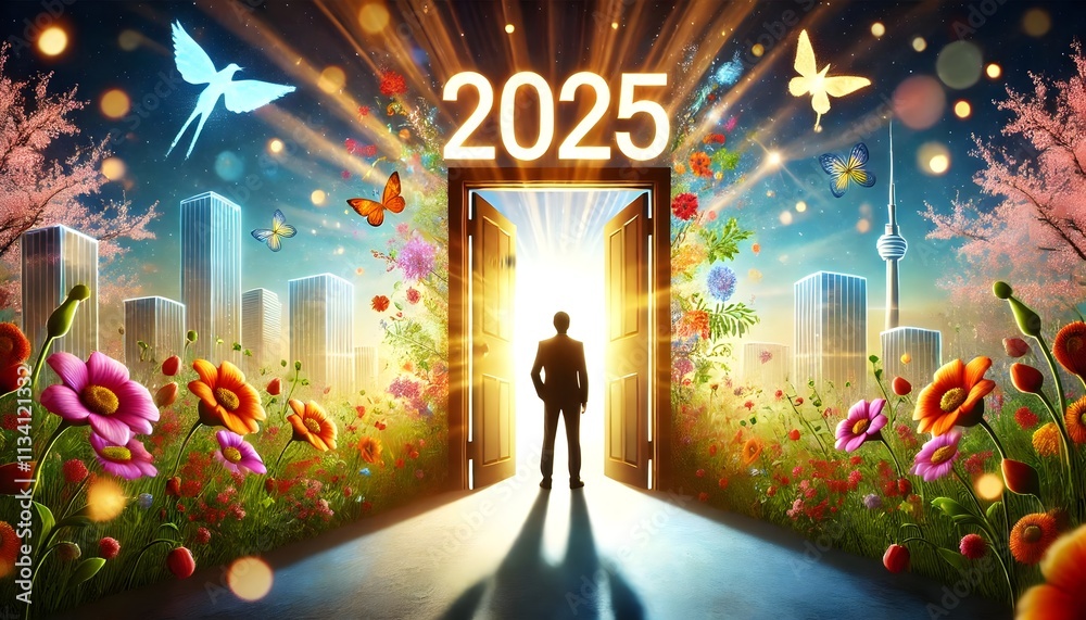 The door opens to reveal a vibrant scene filled with blooming flowers, colorful birds, tall shining buildings, and a clear, bright sunny day symbolizing new beginnings and optimism for the 2025