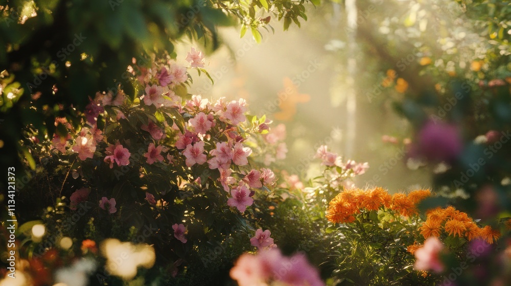 Vibrant garden blossoms bathed in morning sunlight, featuring various shades of pink, orange, and purple flowers. Vibrant garden blossoms bathed in morning sunlight, featuring various shades of pink, orange, and purple flowers.