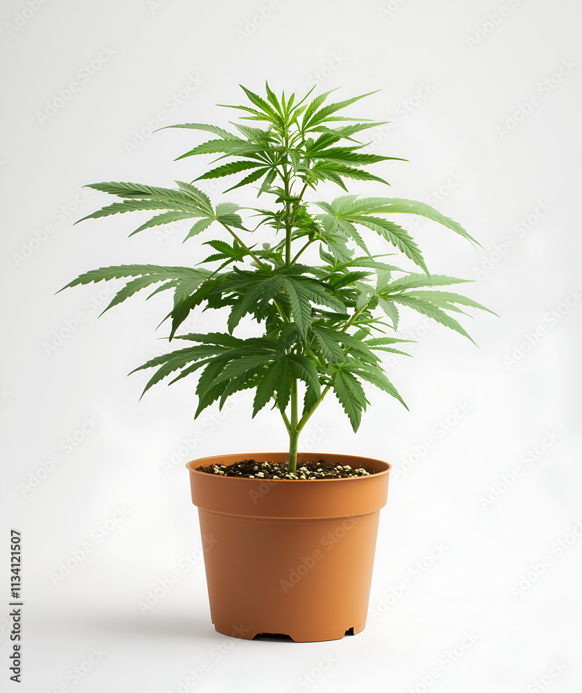 Fototapeta premium potted cannabis plant with leaves growing in the pot, white background