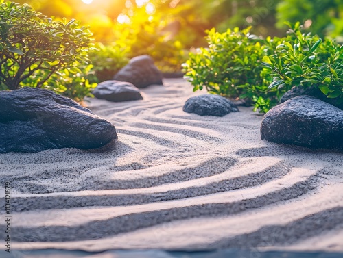 Serene garden scene with raked sand, rocks, and lush greenery, promoting tranquility and mindfulness. photo