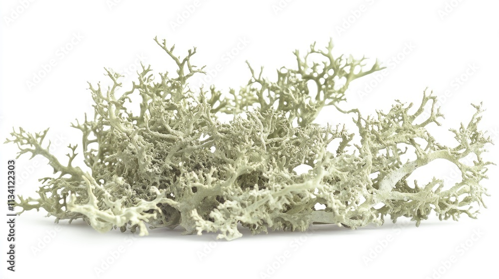 A cluster of lichen, showcasing intricate branching structures and a pale color.