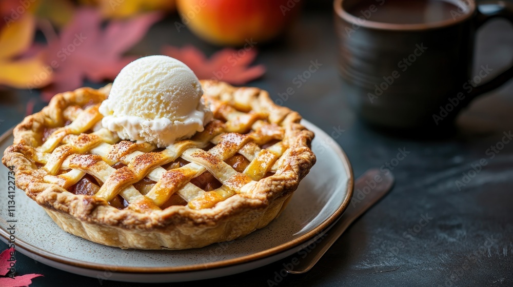 A delicious apple pie topped with vanilla ice cream, set on a cozy autumn-themed table. A delicious apple pie topped with vanilla ice cream, set on a cozy autumn-themed table.
