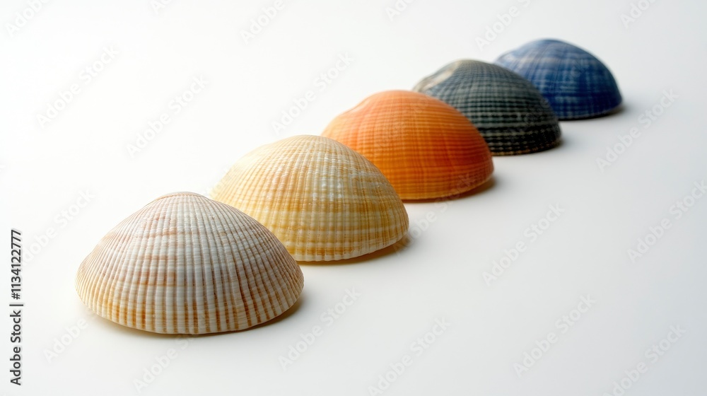 A row of colorful seashells arranged in a line on a white background. A row of colorful seashells arranged in a line on a white background.