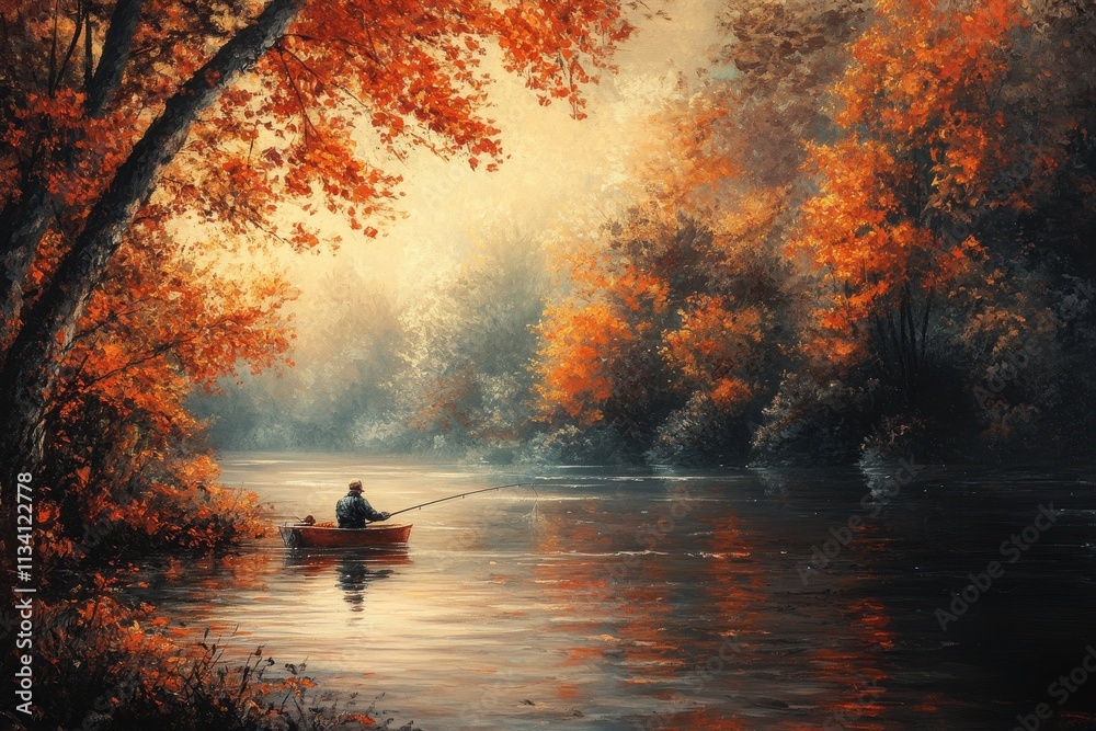 Autumnal scene of a man fishing from a small boat on a calm river, surrounded by vibrant fall foliage. Perfect for illustrating peace, tranquility, and the beauty of autumn. Autumnal scene of a man fishing from a small boat on a calm river, surrounded by vibrant fall foliage. Perfect for illustrating peace, tranquility, and the beauty of autumn.