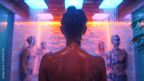 Back view of a young woman taking a shower in a spa centre