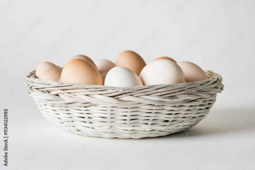 A woven basket filled with assorted eggs in various colors and sizes. A woven basket filled with assorted eggs in various colors and sizes.