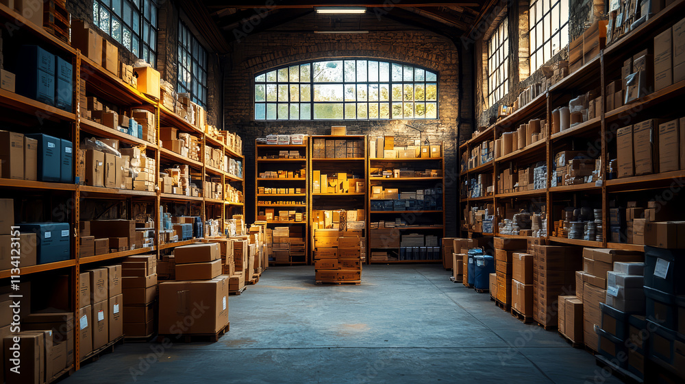 Warehouse interior with shelves and shelves full of books and boxes.