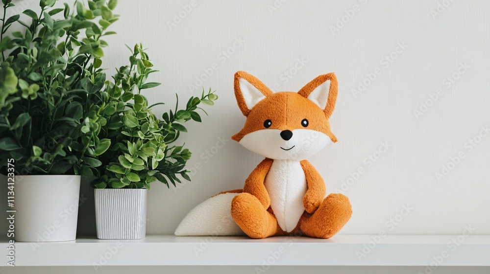 Fototapeta premium A handmade stuffed fox toy, sitting on a sleek white shelf with potted greenery as the backdrop