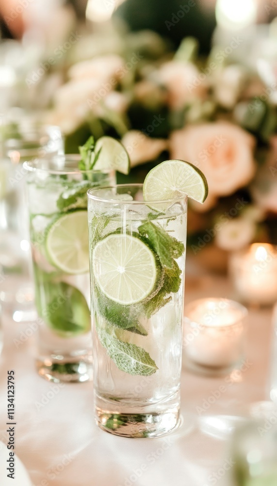 Refreshing cocktails with lime and mint served at a social gathering. Refreshing cocktails with lime and mint served at a social gathering.
