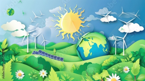 A conceptual artwork featuring a green Earth surrounded by renewable energy sources like wind turbines and solar panels, against a backdrop of clear skies and fluffy clouds photo