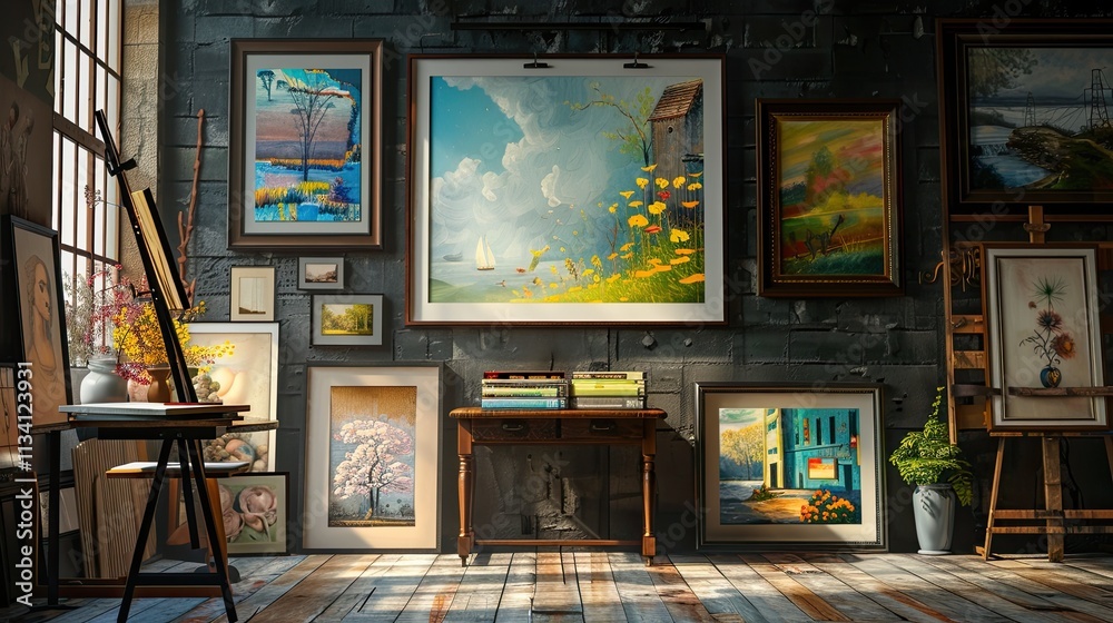 Modern art gallery with dramatic lighting and unique paintings showcasing a blend of classic and contemporary styles.