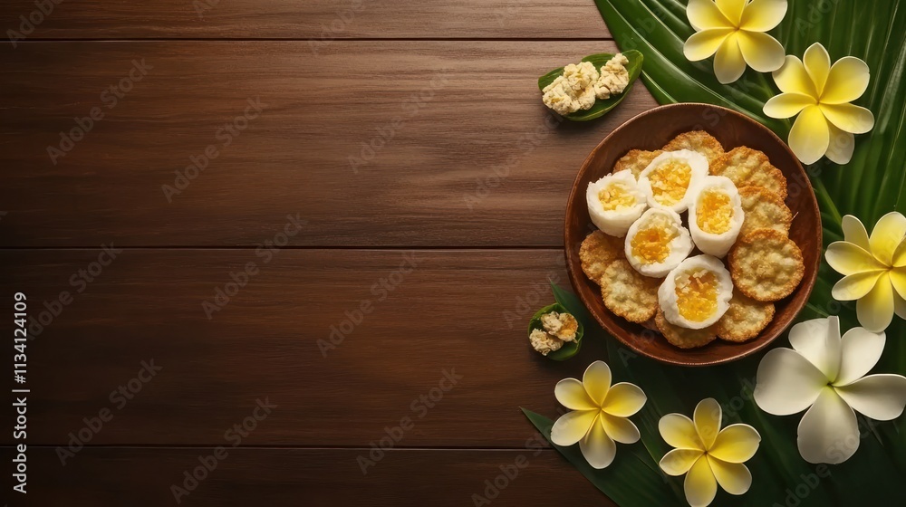 A plate of egg-based snacks surrounded by tropical leaves and flowers on a wooden surface. A plate of egg-based snacks surrounded by tropical leaves and flowers on a wooden surface.
