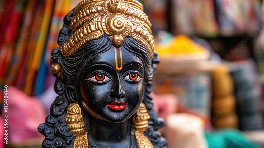 Close-up of a dark-colored Hindu deity statue, featuring intricate golden details, vibrant colors, and a serene expression. Close-up of a dark-colored Hindu deity statue, featuring intricate golden details, vibrant colors, and a serene expression.