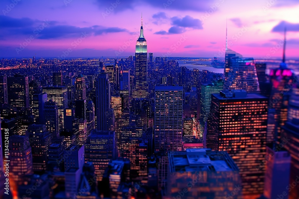 Obraz premium A bustling city skyline at sunset with skyscrapers glowing orange and purple.