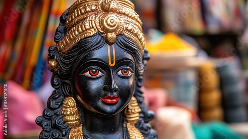 Close-up of a dark-colored Hindu deity statue, featuring intricate golden details, vibrant colors, and a serene expression. photo