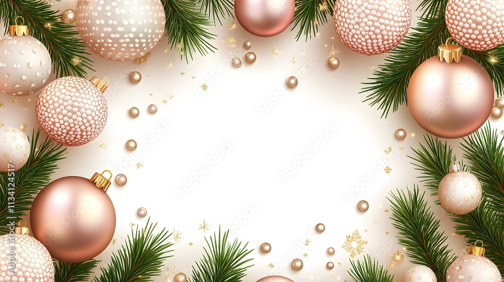 Festive Christmas border with rose gold and white ornaments, pine branches, pearls, and confetti on a beige background. Festive Christmas border with rose gold and white ornaments, pine branches, pearls, and confetti on a beige background.