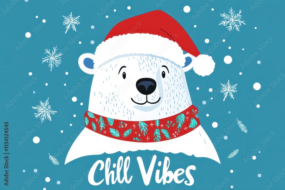 Cute polar bear wearing a Santa hat with snowflakes and chill vibes text on a winter background