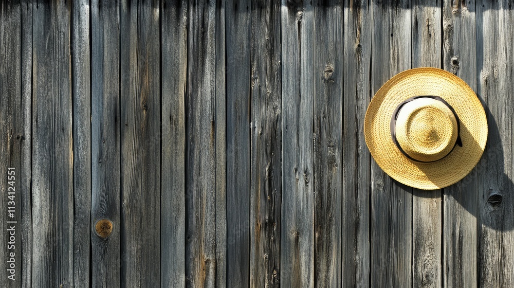 Fototapeta premium A straw hat hanging on a weathered wooden fence, evoking a rustic, leisurely atmosphere.