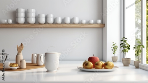 Wallpaper Mural Breakfast on the table in the kitchen. Photo modern style interior room 3d illustration Interior,Kitchen ,Washrooms frame living room with colorful white sofa,led with blank frame
 Torontodigital.ca