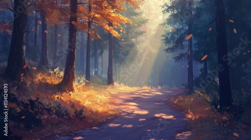 Sunlit pathway through autumn forest with falling leaves.