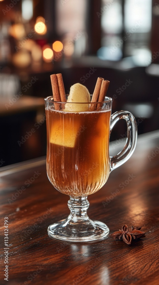 A warm beverage in a glass mug, garnished with cinnamon sticks and a slice of apple. A warm beverage in a glass mug, garnished with cinnamon sticks and a slice of apple.