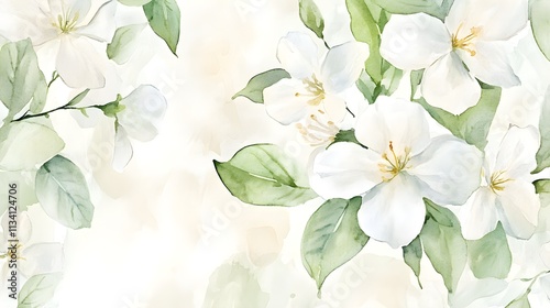 Fototapeta Naklejka Na Ścianę i Meble -  Delicate watercolor jasmine flowers with minimal green leaves, softly scattered across a pale background, creating a gentle and serene composition 