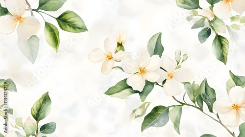 Fototapeta Naklejka Na Ścianę i Meble -  Delicate watercolor jasmine flowers with minimal green leaves, softly scattered across a pale background, creating a gentle and serene composition 
