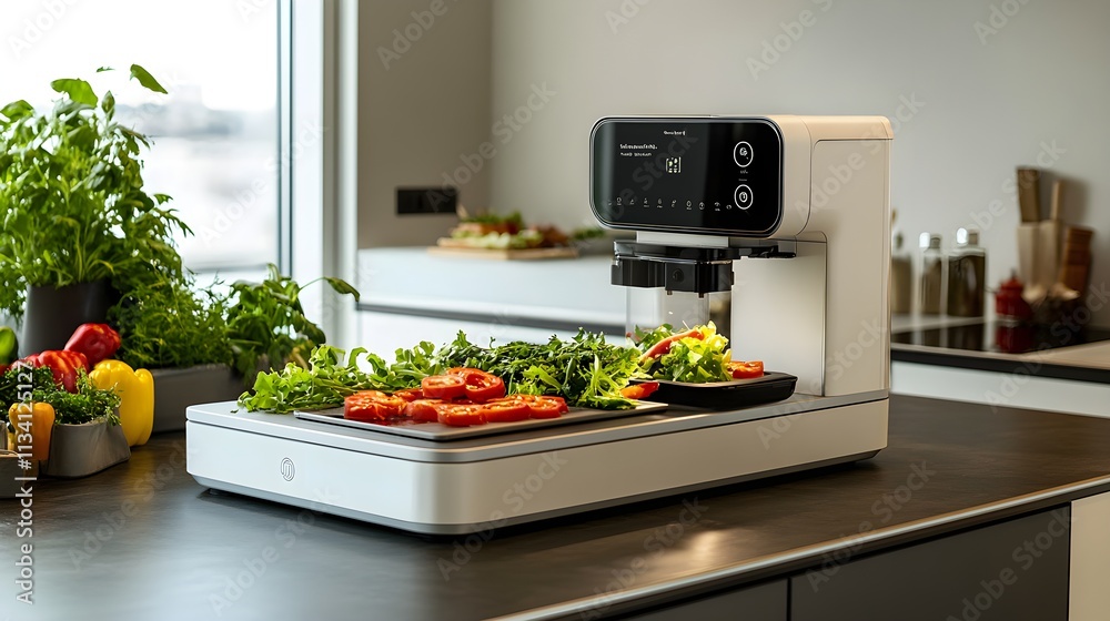 A high-tech machine precisely slicing vegetables in a sleek, modern kitchen, showcasing the advancement of food automation and smart cooking technology A high-tech machine precisely slicing vegetables in a sleek, modern kitchen, showcasing the advancement of food automation and smart cooking technology